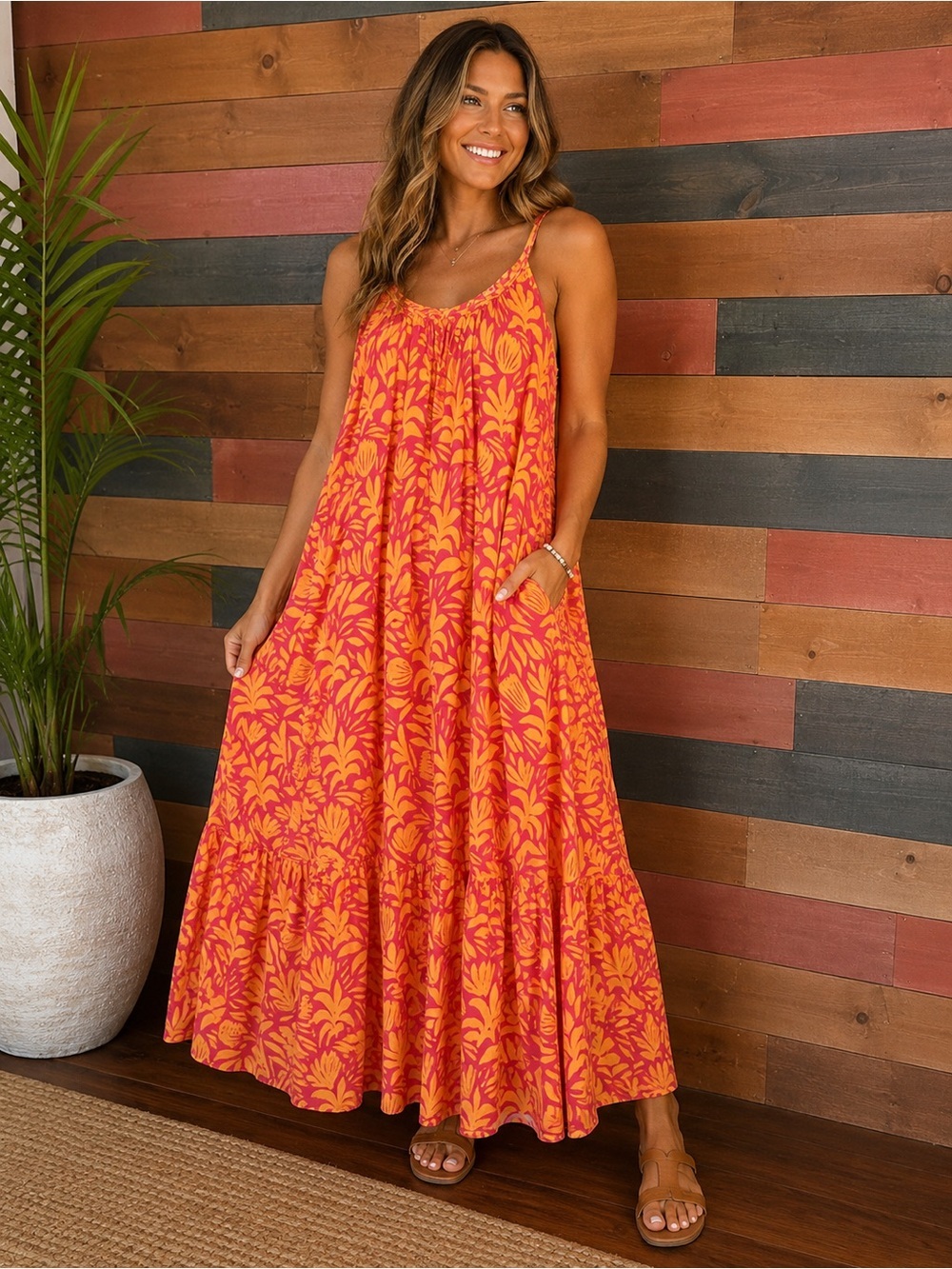 Palms Away Orange and Pink Floral Scoop Neck Maxi Dress